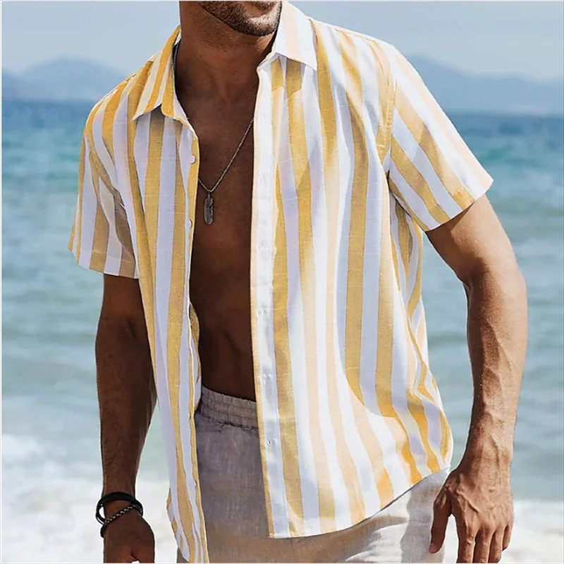  Striped Short-Sleeve Button-Up Shirt for Men - Perfect for Summer Beach Outings