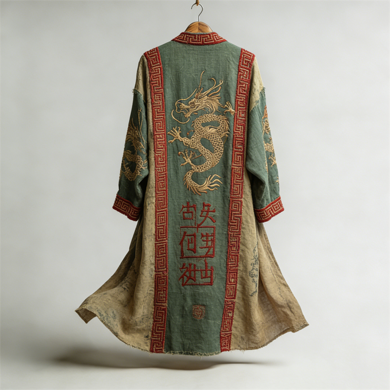 Men's Japanese Dragons Calligraphy Colorblock Linen Long Kimono elevenforest