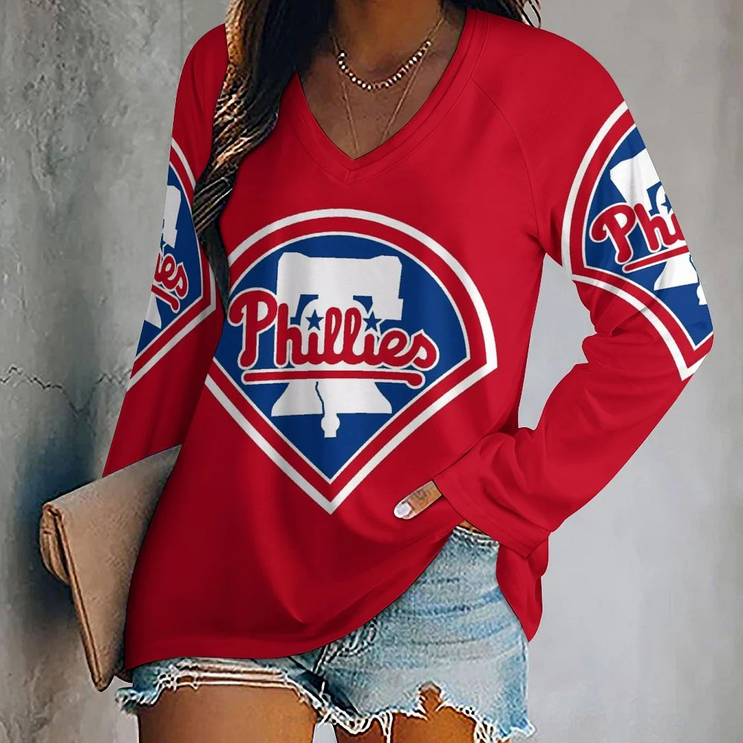 V-neck Long Sleeve Casual T-shirt for  Women and Men Printed with Pattern  , Blue, Red