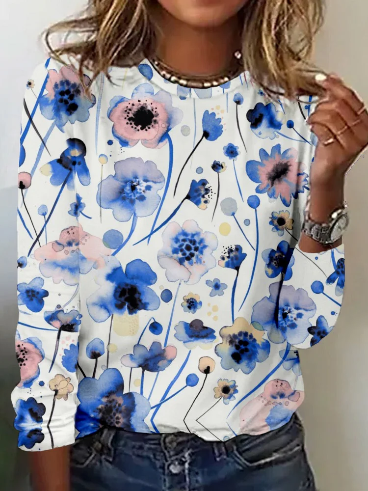 Utbros Soft Watercolor Flowers Pattern Comfy T Shirt