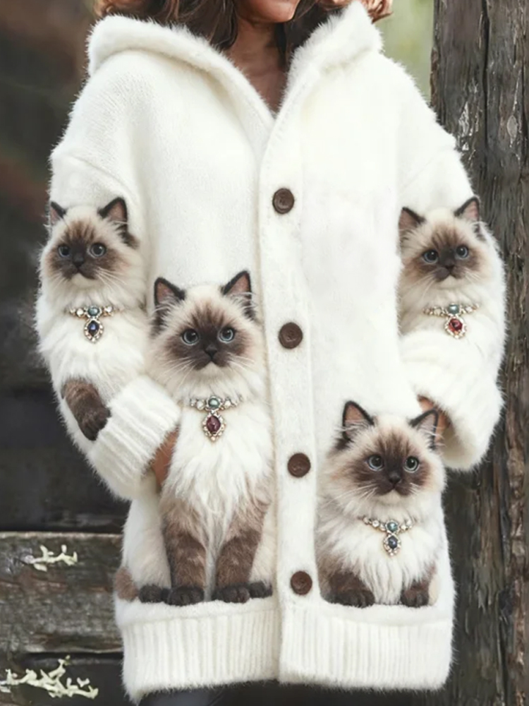 Cat Wearing Pearl Necklace Thick Hooded Cardigan Long Sweater wearshes