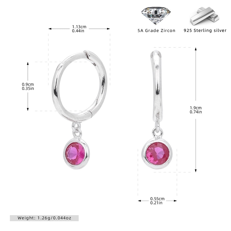 1 Pair 925 Sterling Silver Birthstone Round Drop Earrings