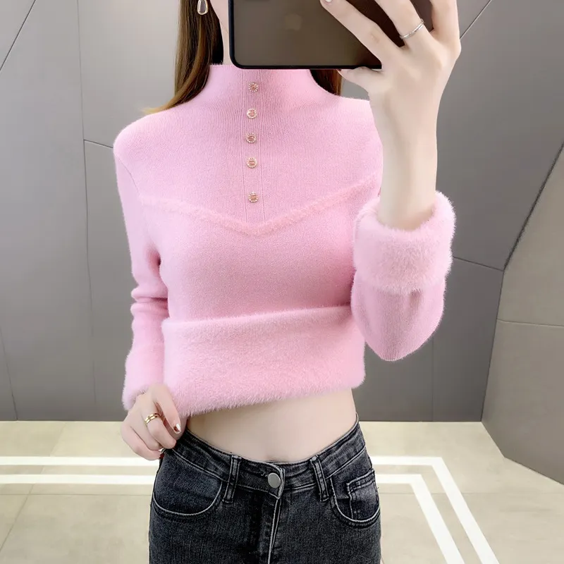 Churchf Velvet Soft Waxy Sweater Female Winter Add Velvet Warm Half Turtleneck Bottom Shirt Female Design Sense Simple Inside The Jacket