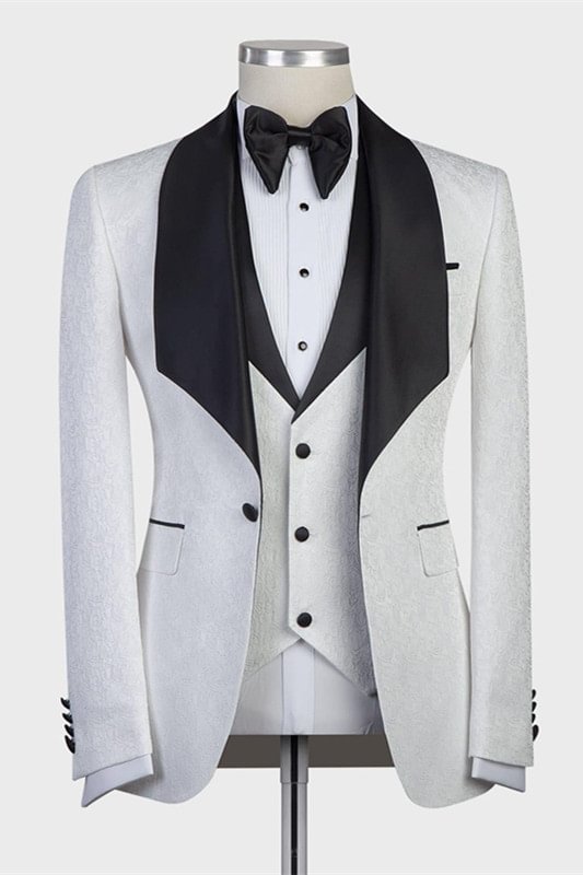 Jacaquard Classic White Three-Pieces Wedding Groom Suits With Black Shawl Lapel Ballbellas