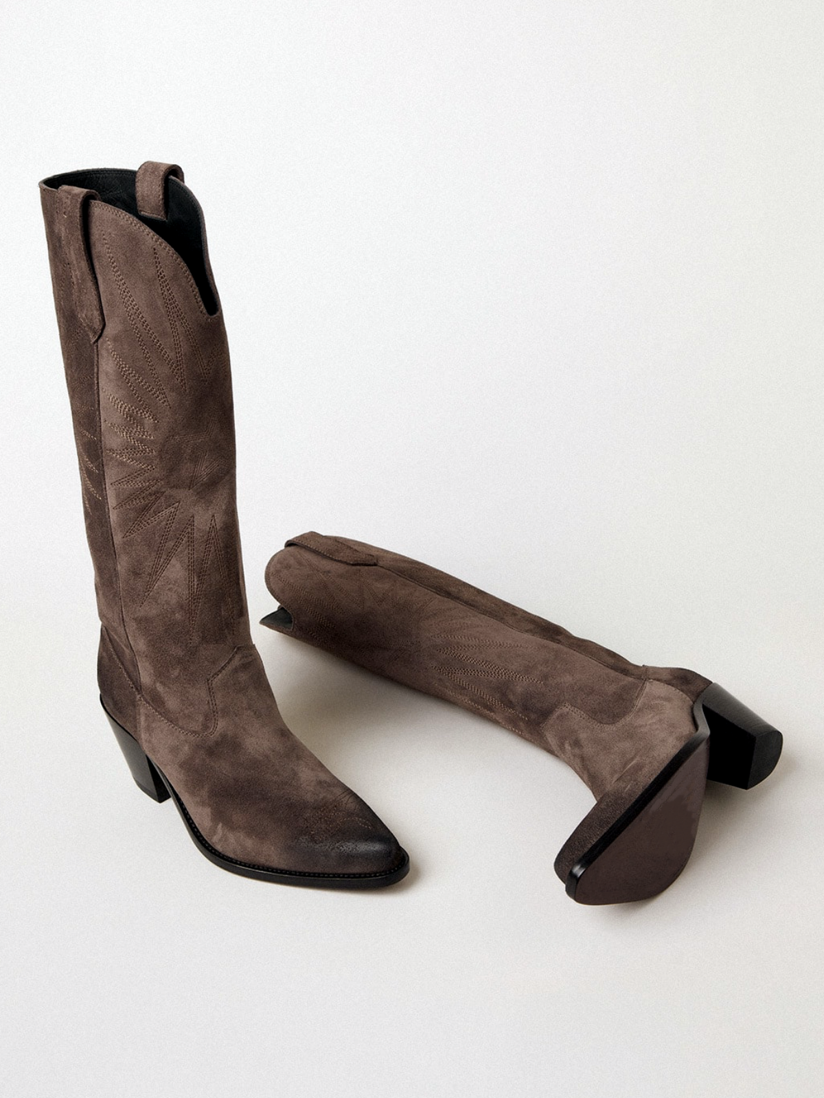 Taafo Brown Faux Suede Snip-Toe Star Burst Embroidery Wide Calf Tall Knee High Cowgirl Boots