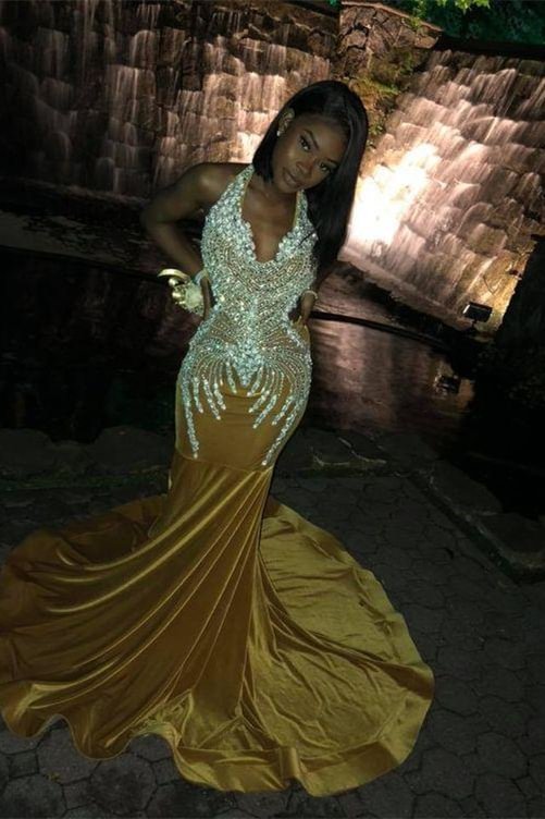 Yellow Chic Halter Beaded Mermaid Prom Dress Sequins With Appliques | Ballbellas Ballbellas