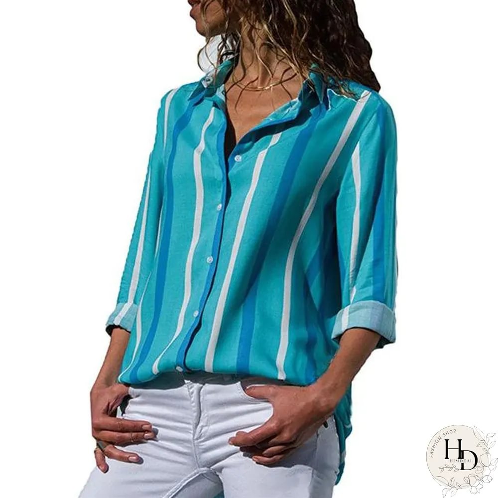 Women Color Block Striped Shirt Elegant Casual Long Sleeve Blouse