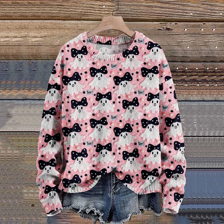 Halloween Ghost Art Knit Pullover Sweater