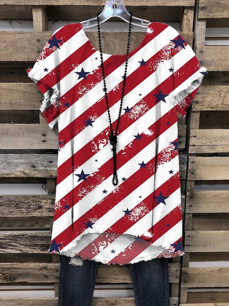 Women's Fashion Striped Flag Print Round Neck Short-sleeved T-shirt