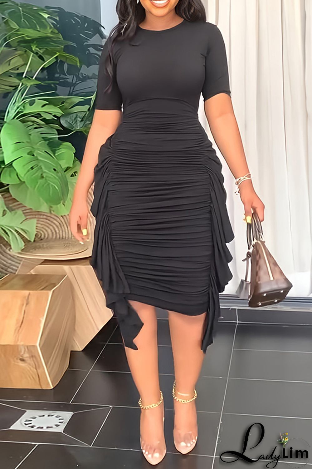 Pink Fashion Casual Solid Patchwork Fold O Neck Short Sleeve Dress