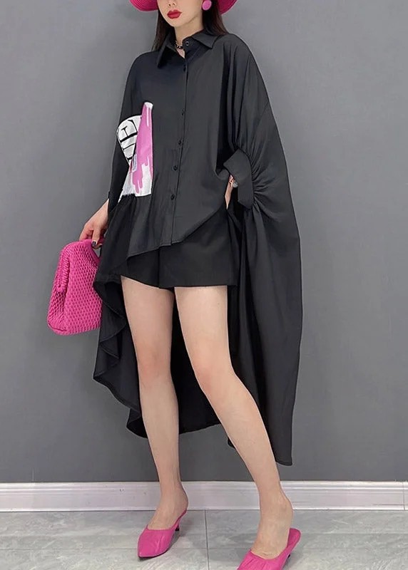 5.5Black Button Low High Design Shirts Batwing Sleeve