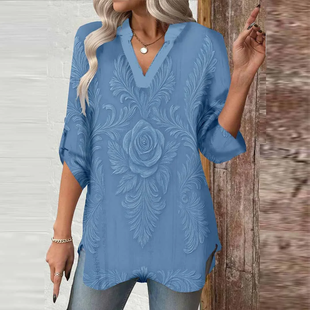 Women Pink, Floral, Retro DZGA0528 3/4 Sleeve V-neck Printed Graphic Button Tops