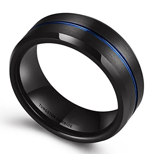 Women's Or Men's Tungsten Carbide Black Matte Finish with Blue Line Groove Beveled Edge Rings 4MM 6MM 8MM 10MM