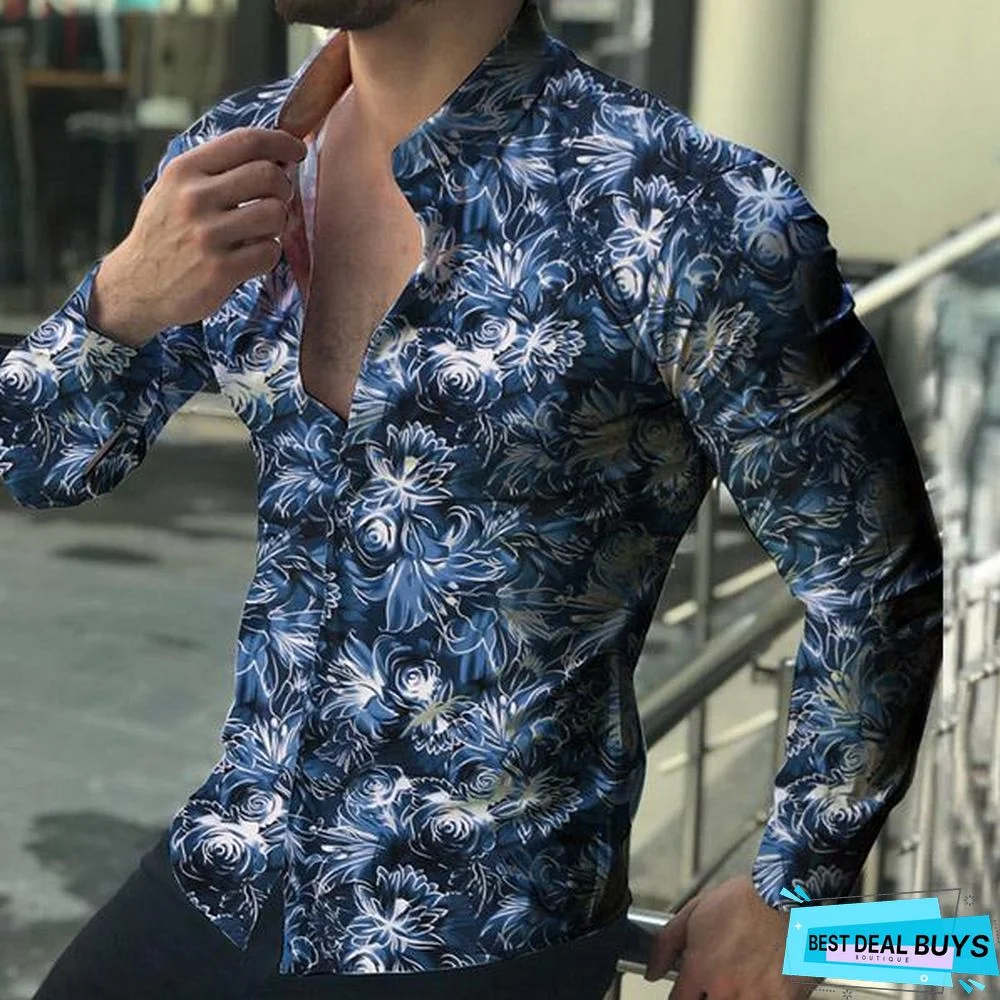Men Casual Fashion Printed Long Sleeve Turndown Collar Shirts