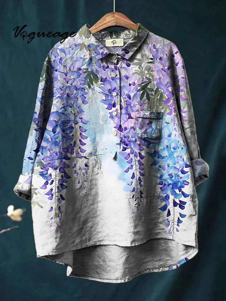 Cool Soft And Comfortable Plant Print Cotton And Linen Shirt