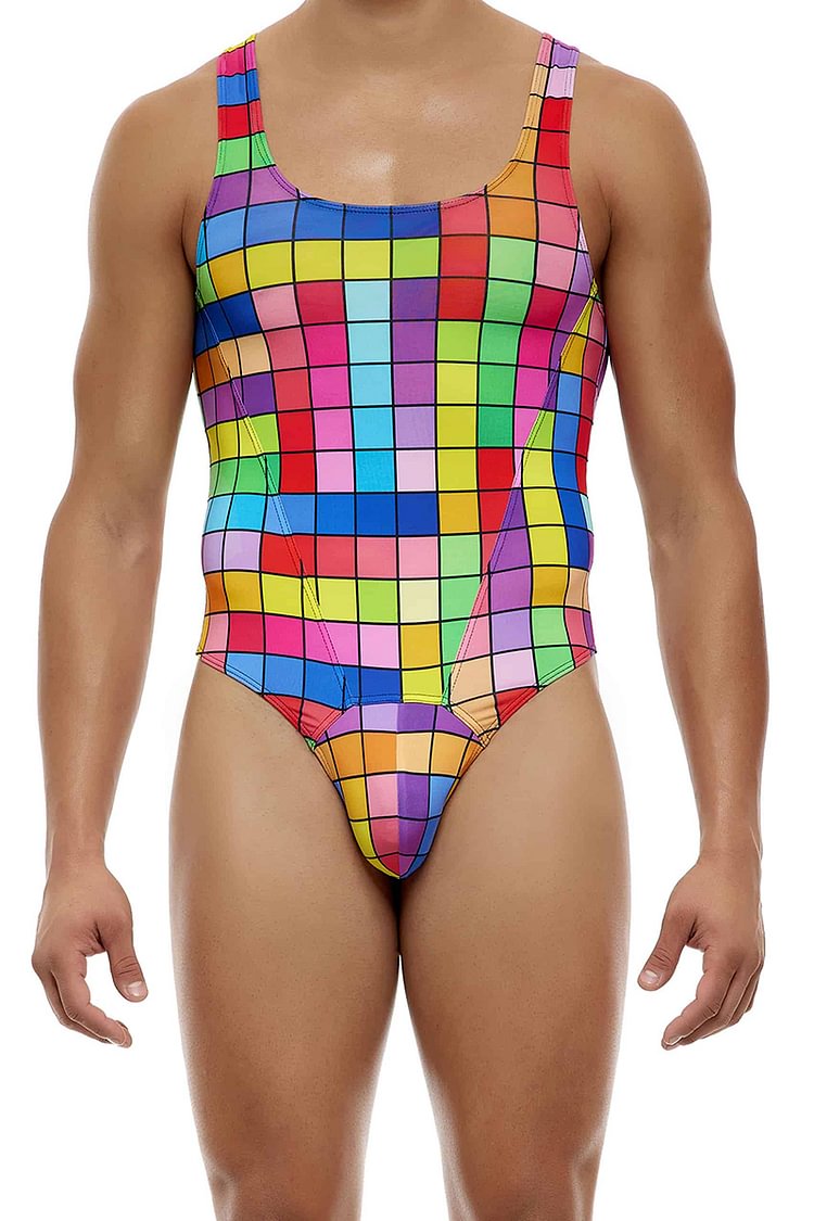 Men's Rainbow Prints Tartan Patchwork Sleeveless Bodysuit [Pre-Order]