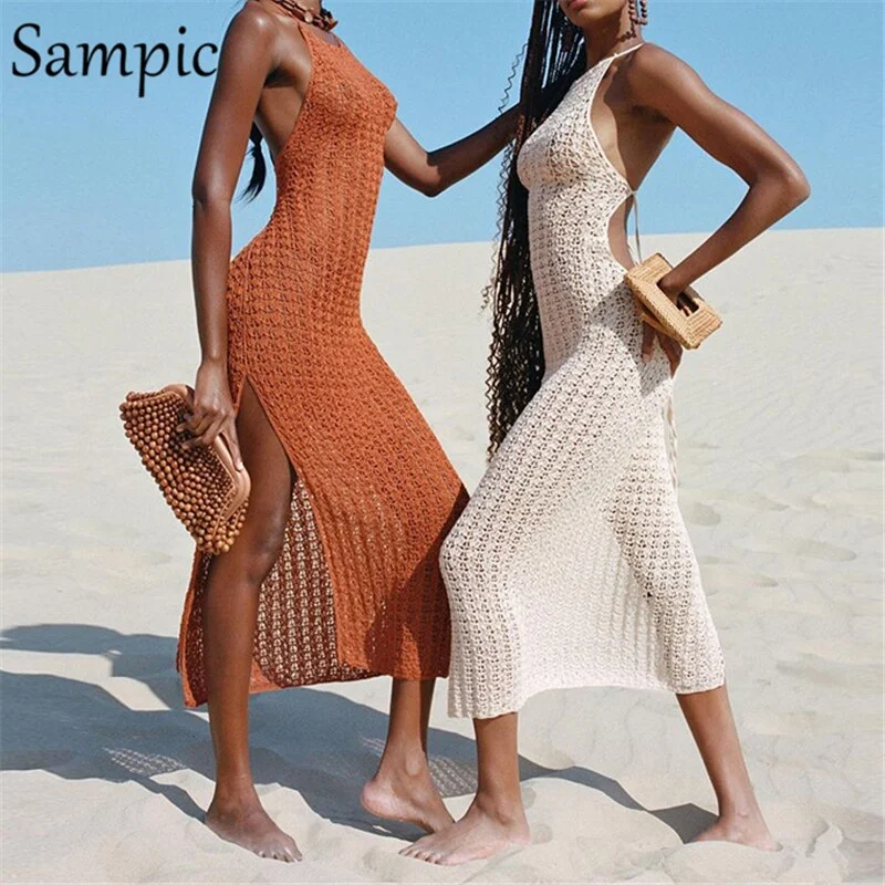 Sampic Casual Summer Beach 2021 Knitted Cotton White Women Midi Slit Dress Bodycon Halter See Through Hollow Out Chic Wrap Dress