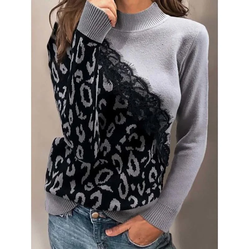 Leopard Printed Turtleneck Long Sleeve Casual Sweaters | EGEMISS
