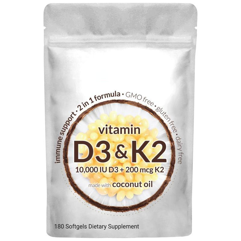 Vitamin D3 10000 iu Plus K2(MK-7)200 mcg,300 Virgin Coconut Oil Softgel