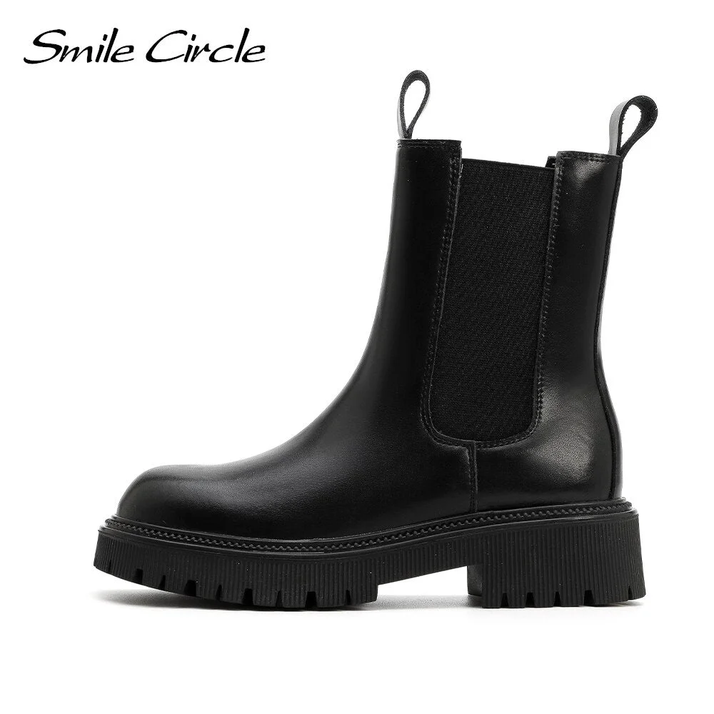 Smile Circle Cow Leather Ankle Boots women Chelsea Boots Casual Fashion Comfortable platform Short Boots Ladies Shoes 2021