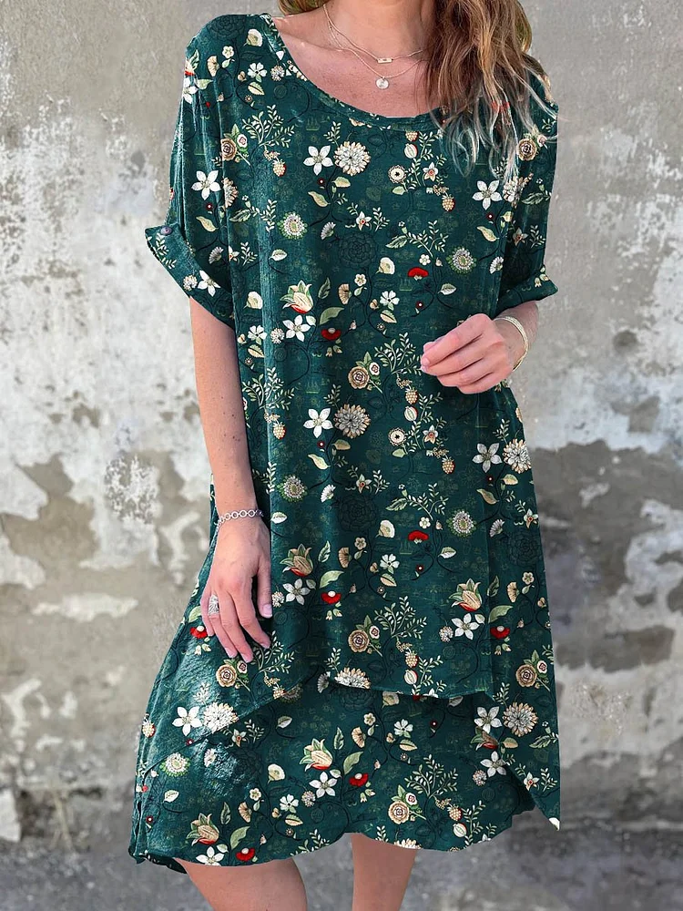 Women's Summer Vintage Floral Art Casual Round Neck Cotton Dress