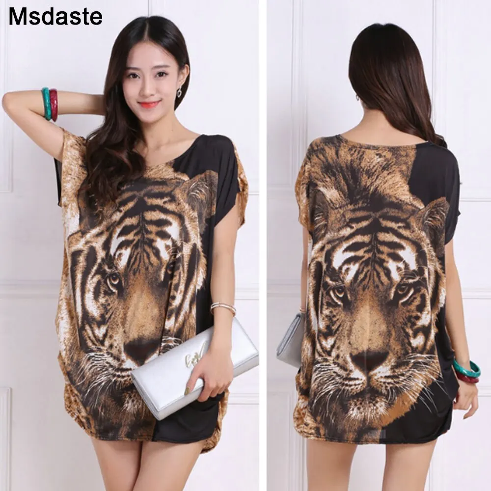 Tunics Casual Dress Summer Batwing Sleeve Stretchy 3D Print Tiger T Shirt Dress Tunic Robe Femme Plus Size Vestidos Mujer Tops
