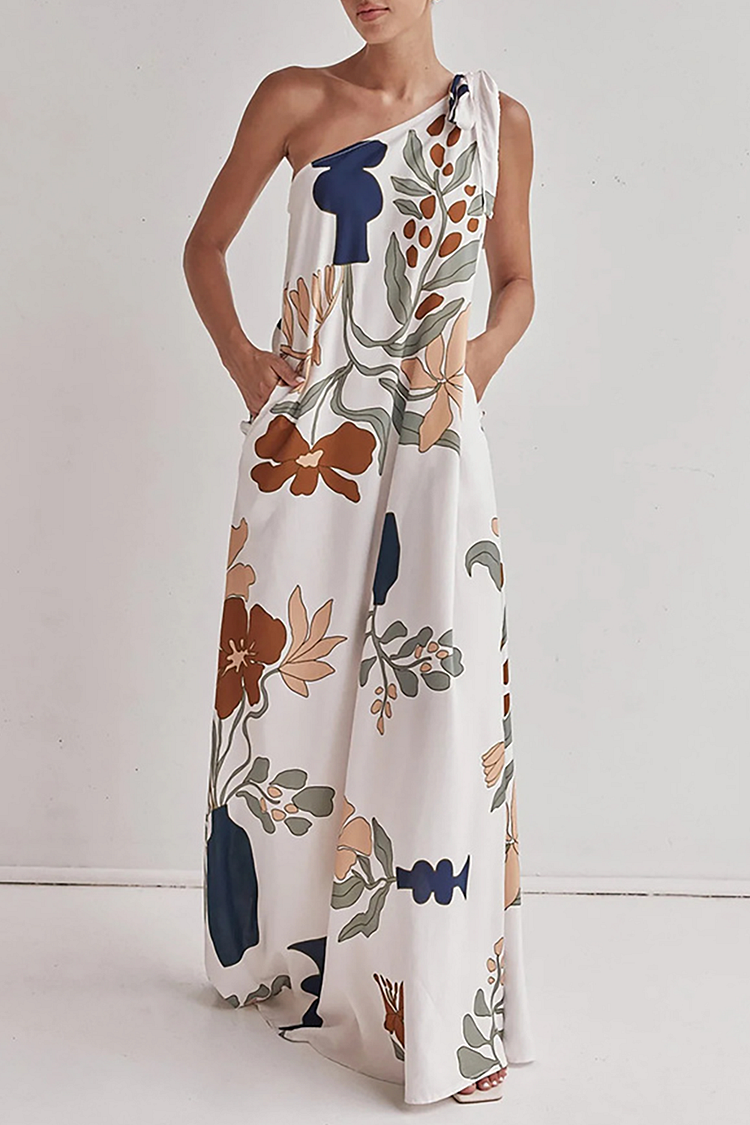Floral Print Sleeveless Tie Up One Shoulder Vacation Maxi Dresses-White