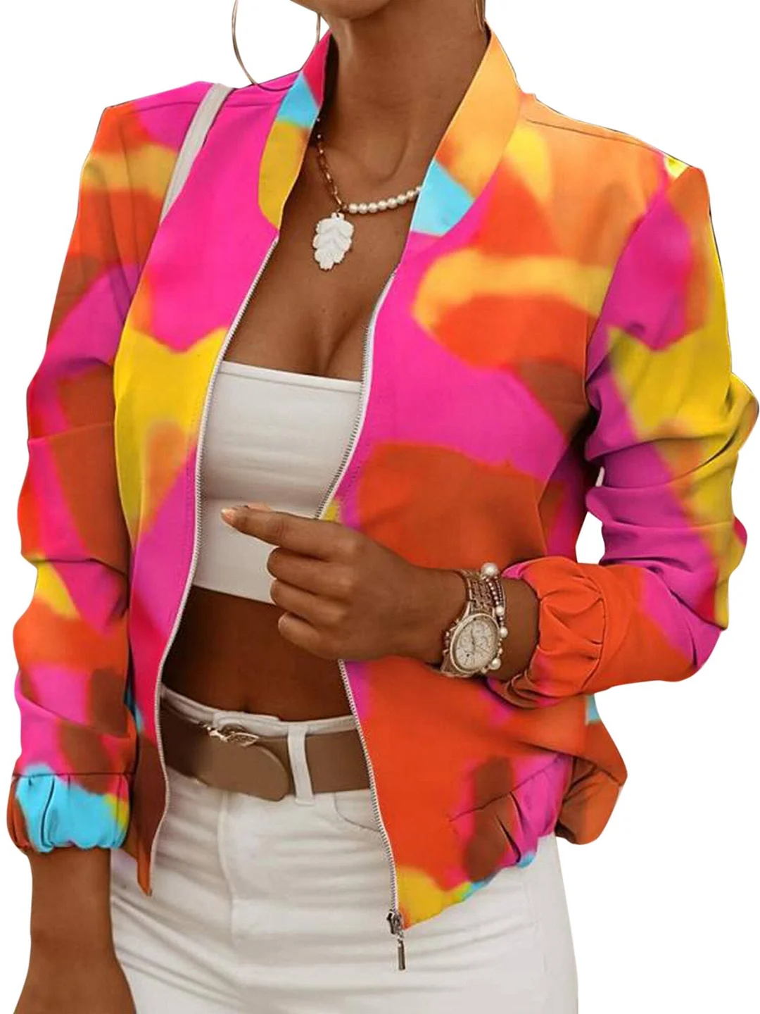 Fashion Women Full Zipper Long Sleeve Blazers Spring Autumn Casual Print Jacket Office Lady Slim Party Tops Elegant Ladies Coat
