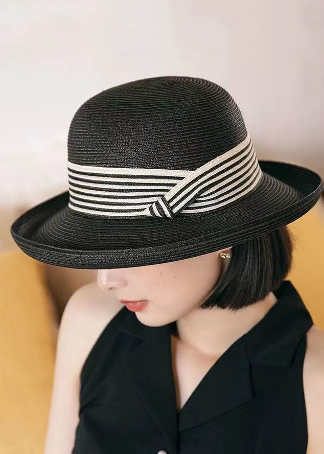 VCSHOES Black Striped Patchwork Straw Woven Floppy Sun Hat