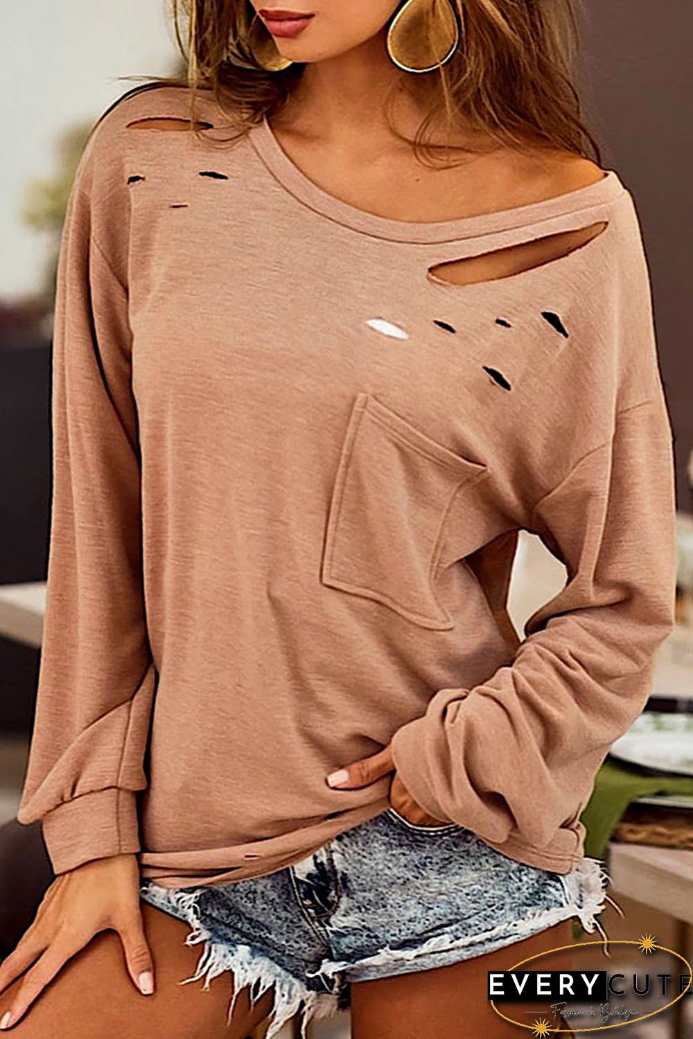 Khaki Distressed Cutout Long Sleeve Casual Top