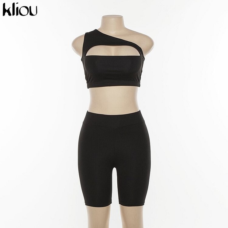 Kliou classic women neon color two pieces set off shoulder hollow out crop top elastic high waist shorts outfit tracksuit summer - BlackFridayBuys
