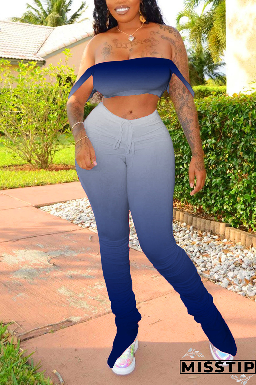 Blue Sexy Fashion Printed Trousers Two-piece Set