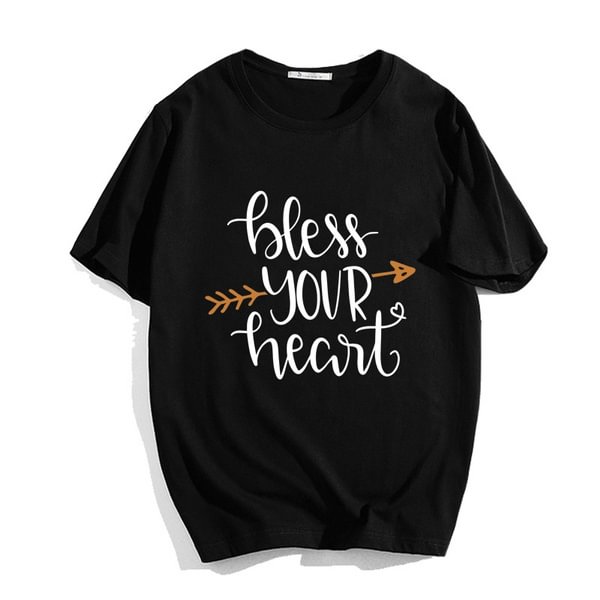 Bless Your Heart Arrow Letter Printed T Shirt Women Summer Casual Crew Neck Short Sleeve Shirt Tops - BlackFridayBuys