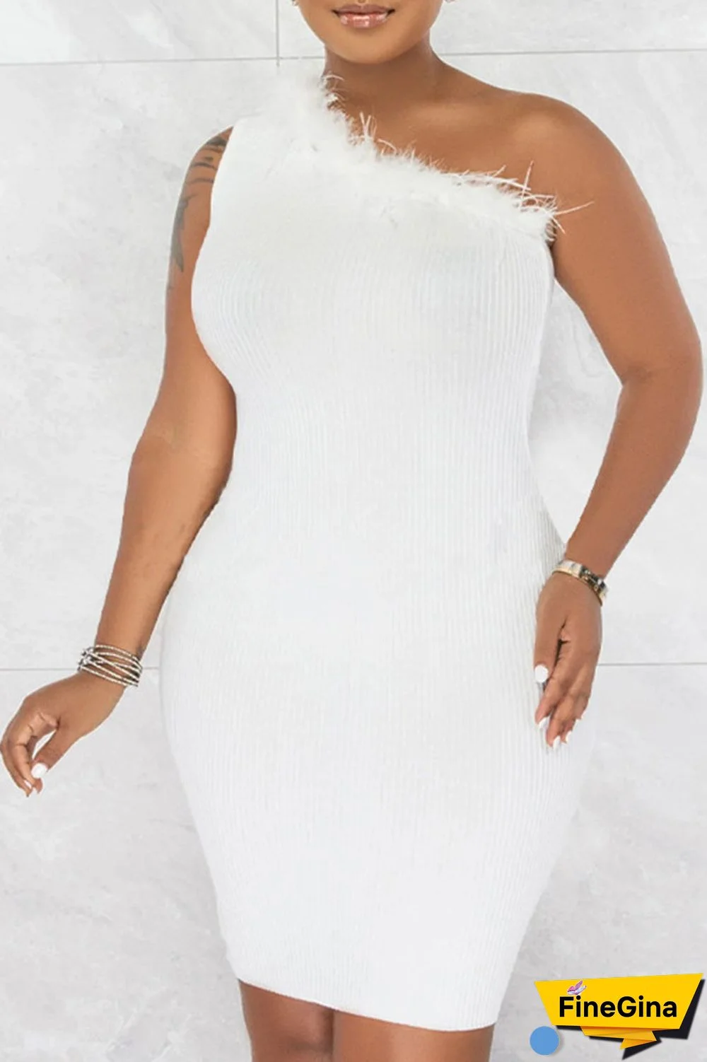 Black Sexy Solid Patchwork Feathers Oblique Collar One Step Skirt Dresses