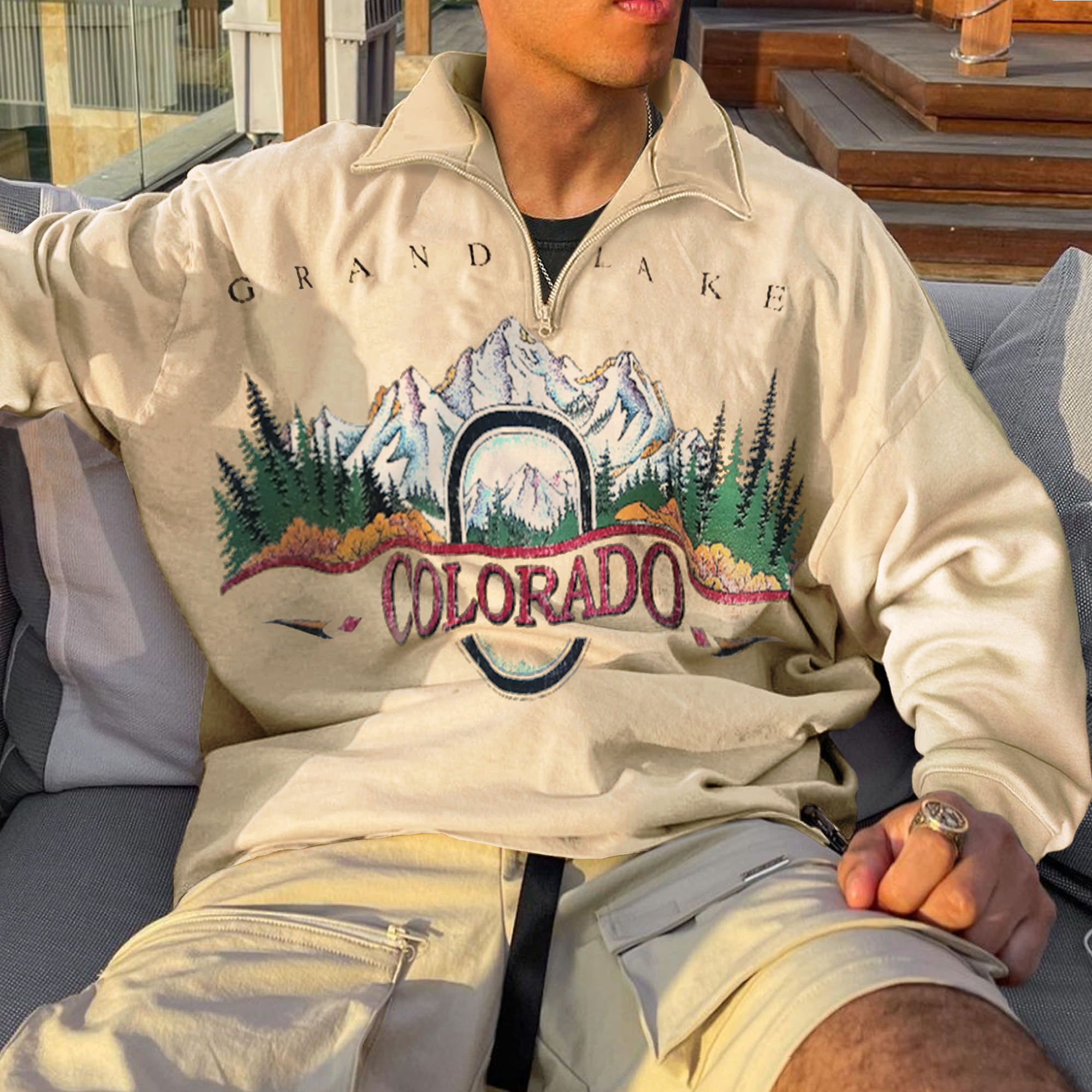 Men's Vintage Colorado Print Long Sleeve Zip Polo Neck Oversize Sweatshirt