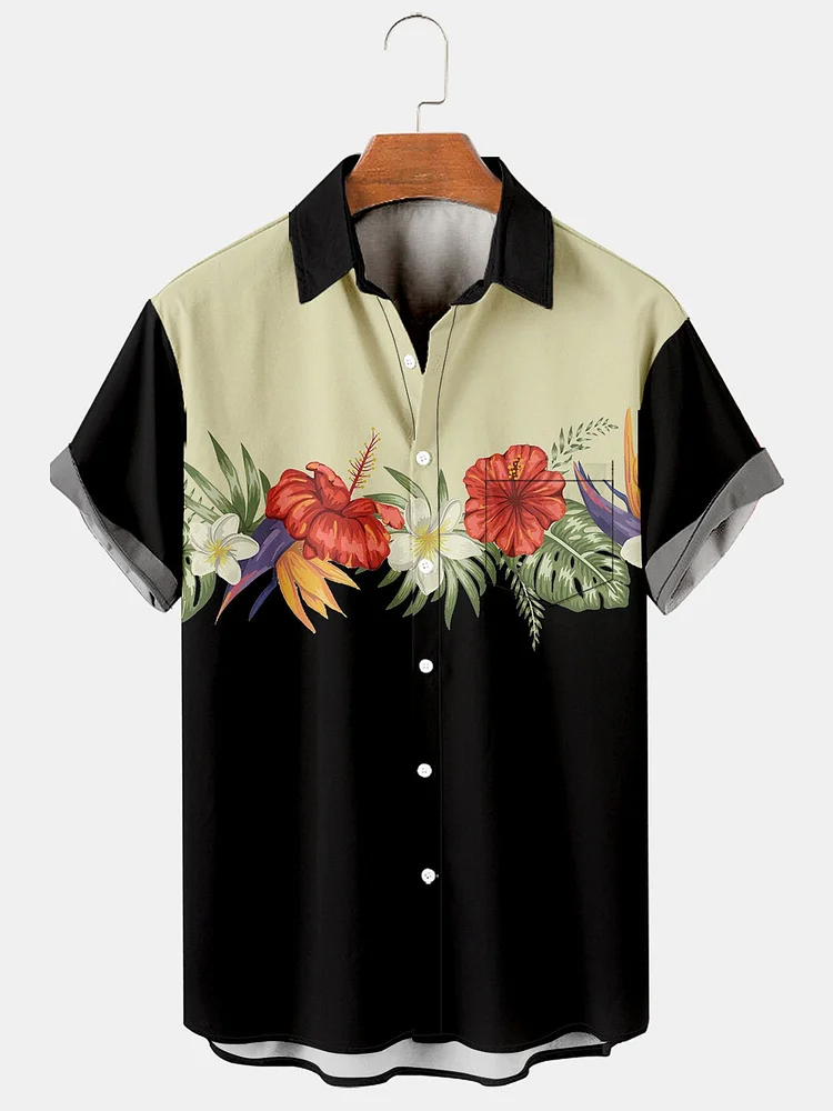 Hibiscus Graphic Men's Casual Hawaiian Short Sleeve Chest Pocket Shirt