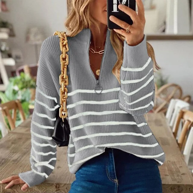 Long Sleeve Striped Patchwork Jumpers Ladies Loose Knitted Sweater