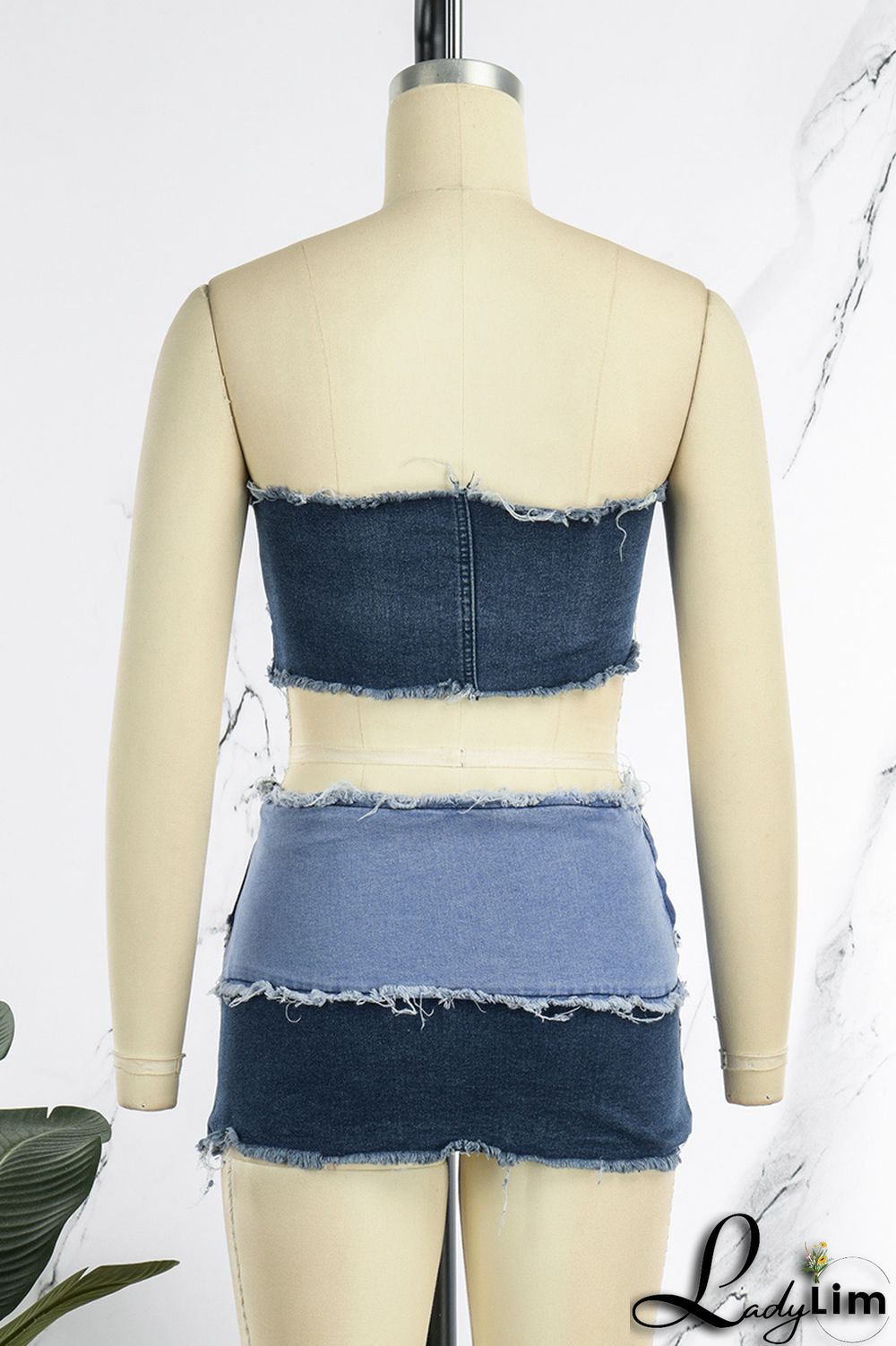 Blue Sexy Street Solid Make Old Patchwork Strapless Sleeveless Two Pieces