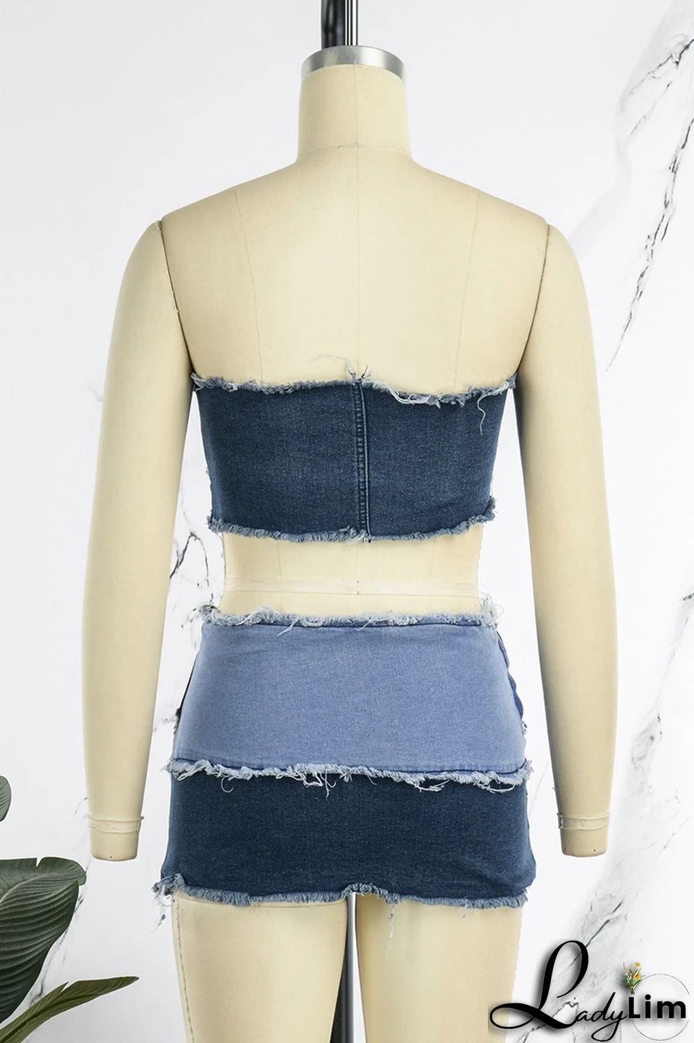 Blue Sexy Street Solid Make Old Patchwork Strapless Sleeveless Two Pieces