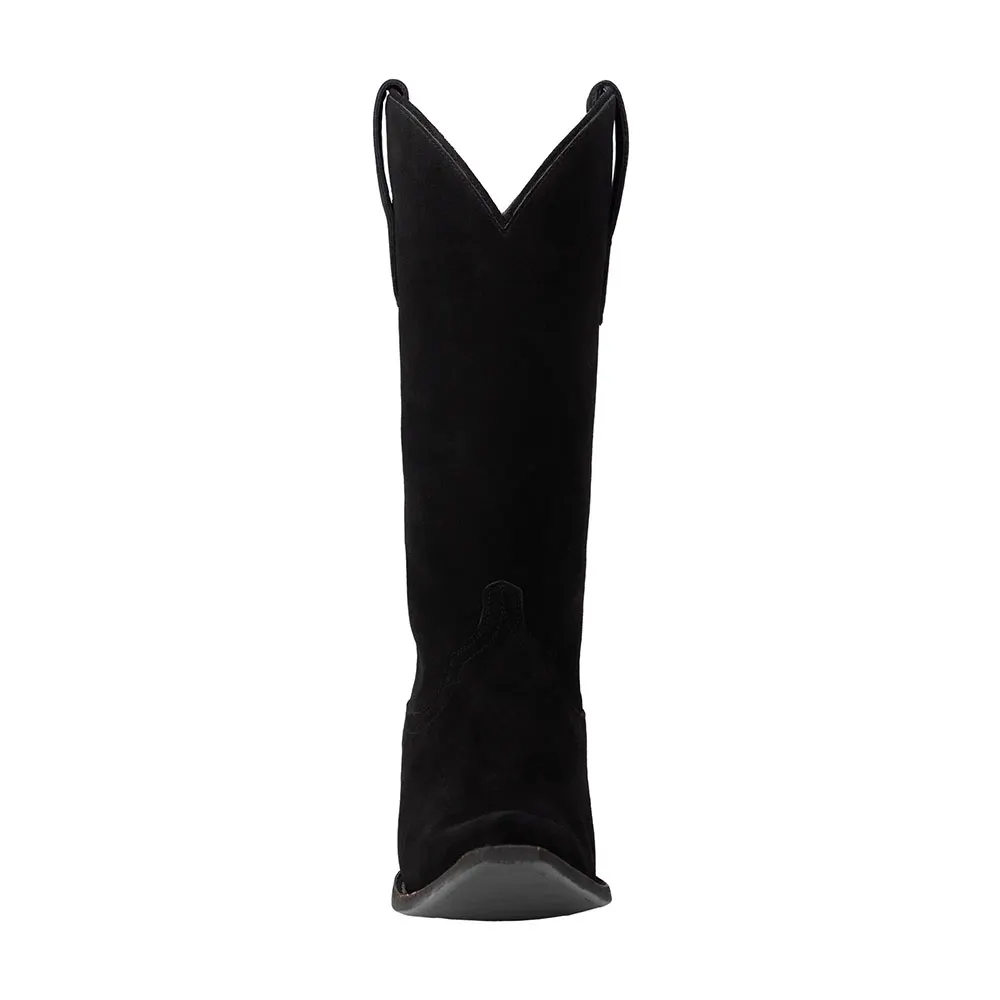Black Vegan Suede Snip Toe Chunky Heel Pull On Cowgirl Boots