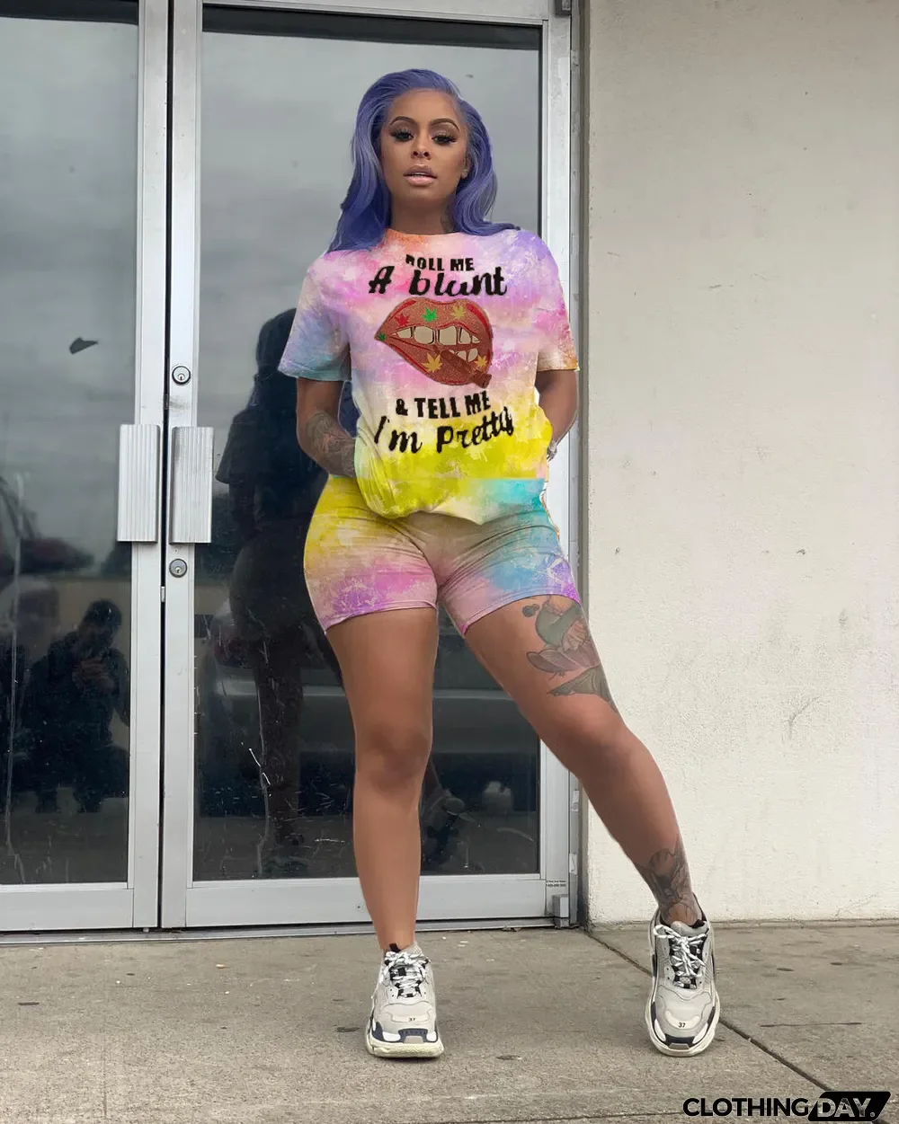Plus Size 5XL Lips Print Gradient Two Piece Shorts Set