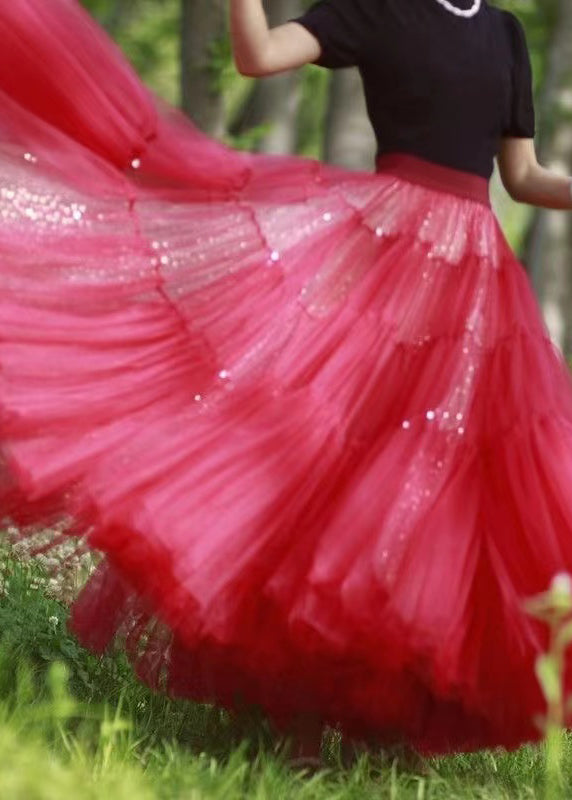 VCSHOES Red Zircon Wrinkled Patchwork Tulle Skirt Spring
