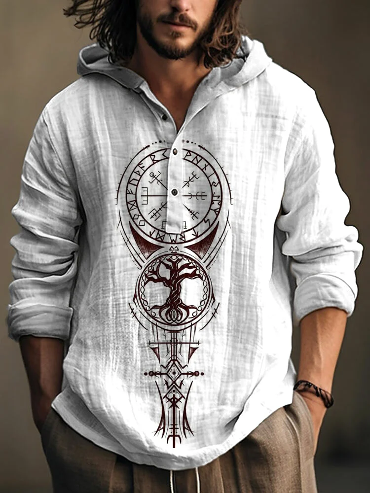 Comstylish Viking Rune Art Linen Blend Hooded Shirt