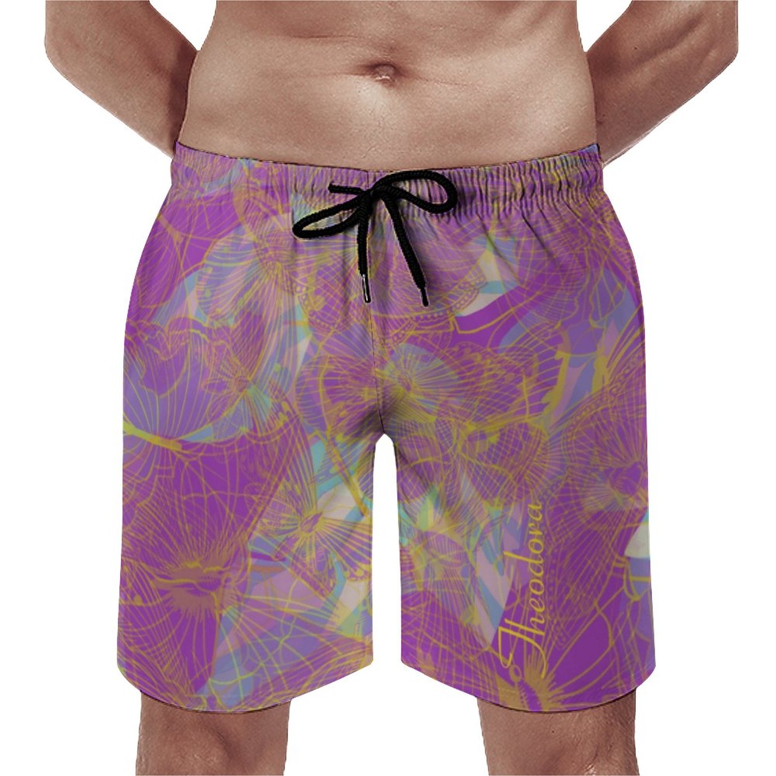 Chic Gold Butterfly Aqua Violet Elegant Men's Swim Trunks Summer Board Shorts Quick Dry Beach Short with Pockets