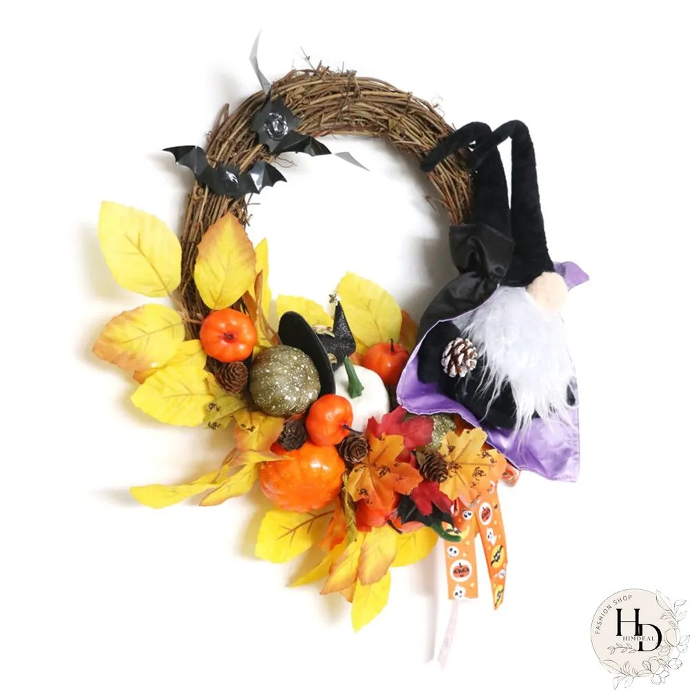 Halloween Themed Wreath With Wizard Gnome For Holiday Decoration