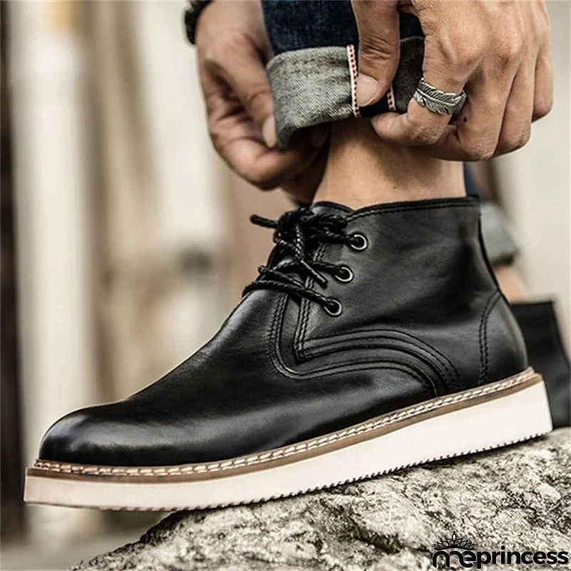 Mens Casual High Top Lace Up Genuine Leather Round Toe Ankle Boots