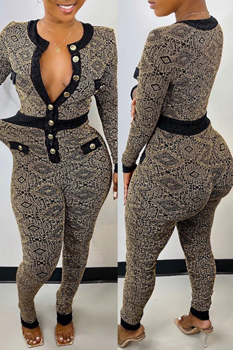 Fashion Casual Print Split Joint V Neck Skinny Jumpsuits