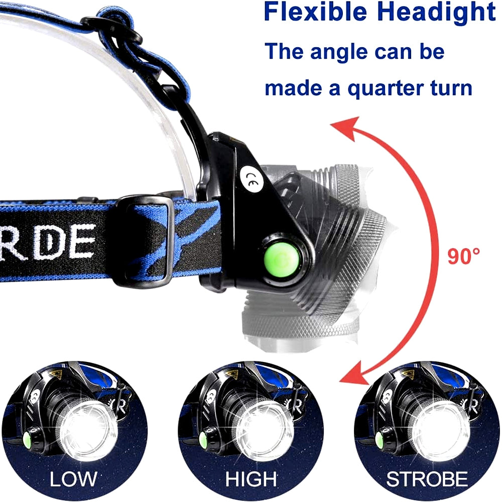 Best & Brightest Rechargeable Led Headlamp Head Flashlight with 2 Rechargeable 18650 Battery Blue Black Ultra Bright Camping Fishing Cave Outdoor Wood Mountaineering