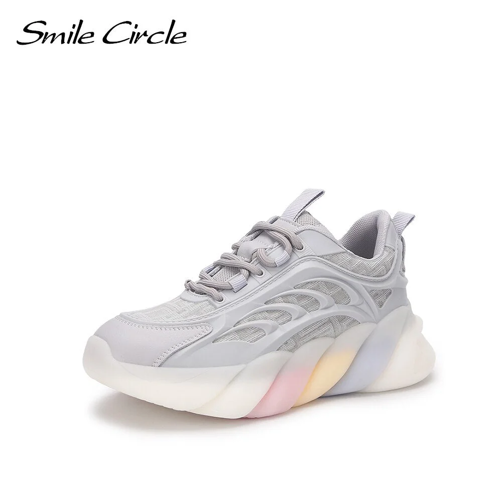 Smile Circle Women Sneakers Flat Platform Shoes Spring fashion Lace-up Breathable mesh Thick bottom Chunky Sneakers Ladies Shoes