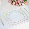 10 Pack | 8" Clear / Gold Wavy Rim Modern Square Plastic Dessert Plates, Disposable Salad Appetizer Party Plates